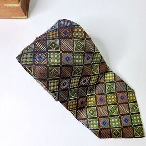 Rochas Paris Green Brown Checkered Graphic Print Woven Silk Tie